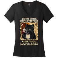 Before Coffee I Hate Everyone After Coffee Black Cat Drink Women's V-Neck T-Shirt