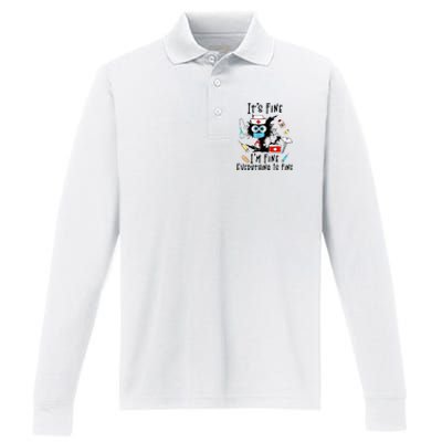 Black Cat Its Fine Im Fine Everything Is Fine Nurse Life Performance Long Sleeve Polo