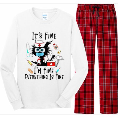 Black Cat Its Fine Im Fine Everything Is Fine Nurse Life Long Sleeve Pajama Set