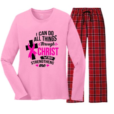 Breast Cancer I Can Do All Things Through Christ Awareness Women's Long Sleeve Flannel Pajama Set 