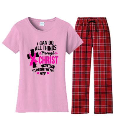 Breast Cancer I Can Do All Things Through Christ Awareness Women's Flannel Pajama Set