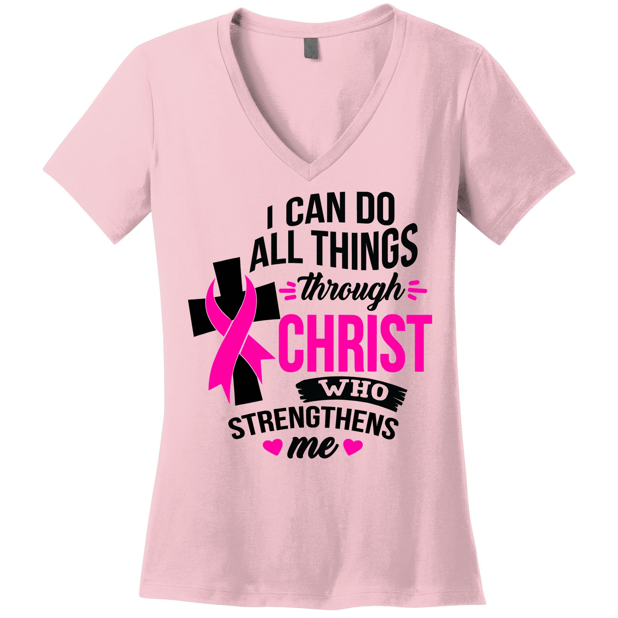 Breast Cancer I Can Do All Things Through Christ Awareness Women's V-Neck T-Shirt