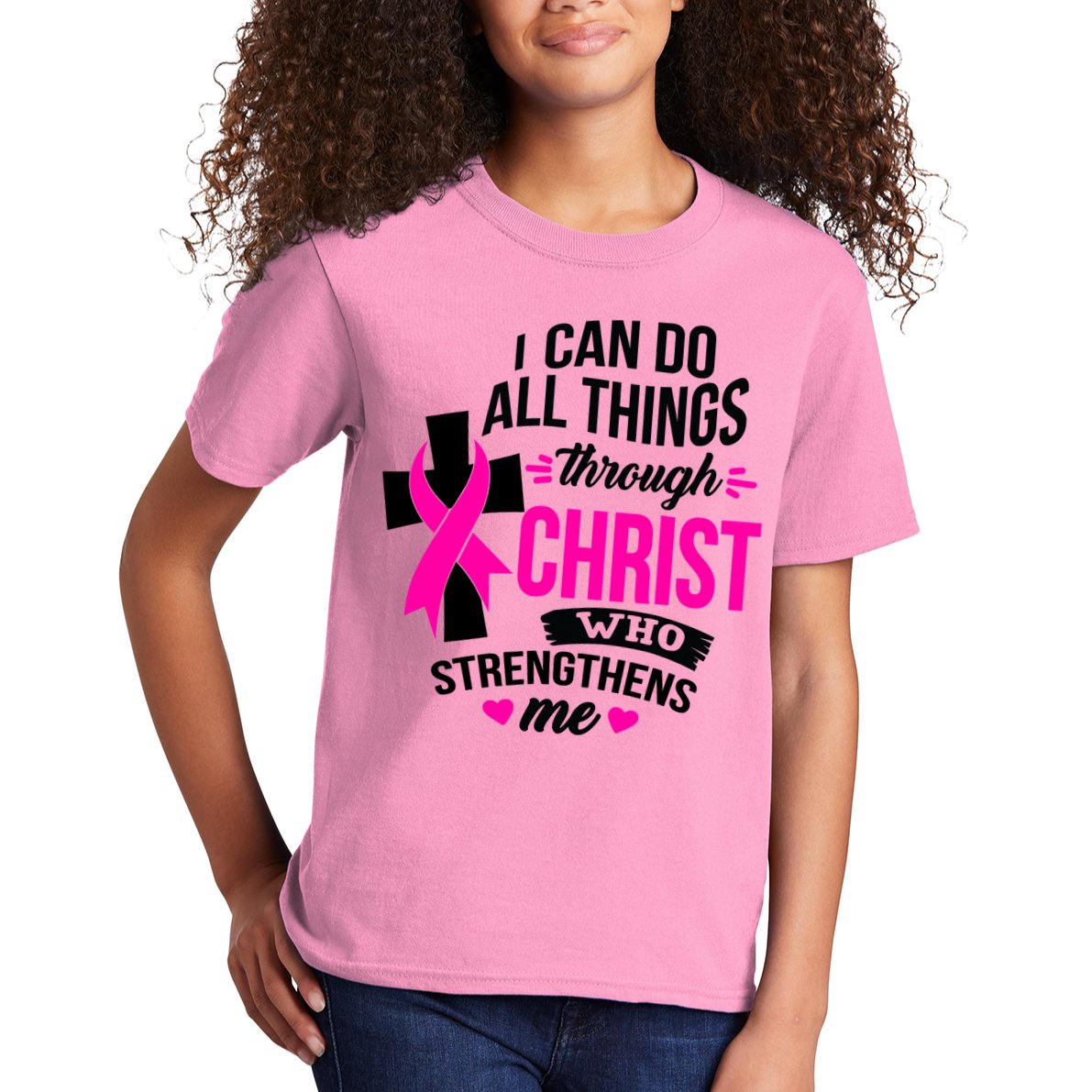 Breast Cancer I Can Do All Things Through Christ Awareness Kids T-Shirt