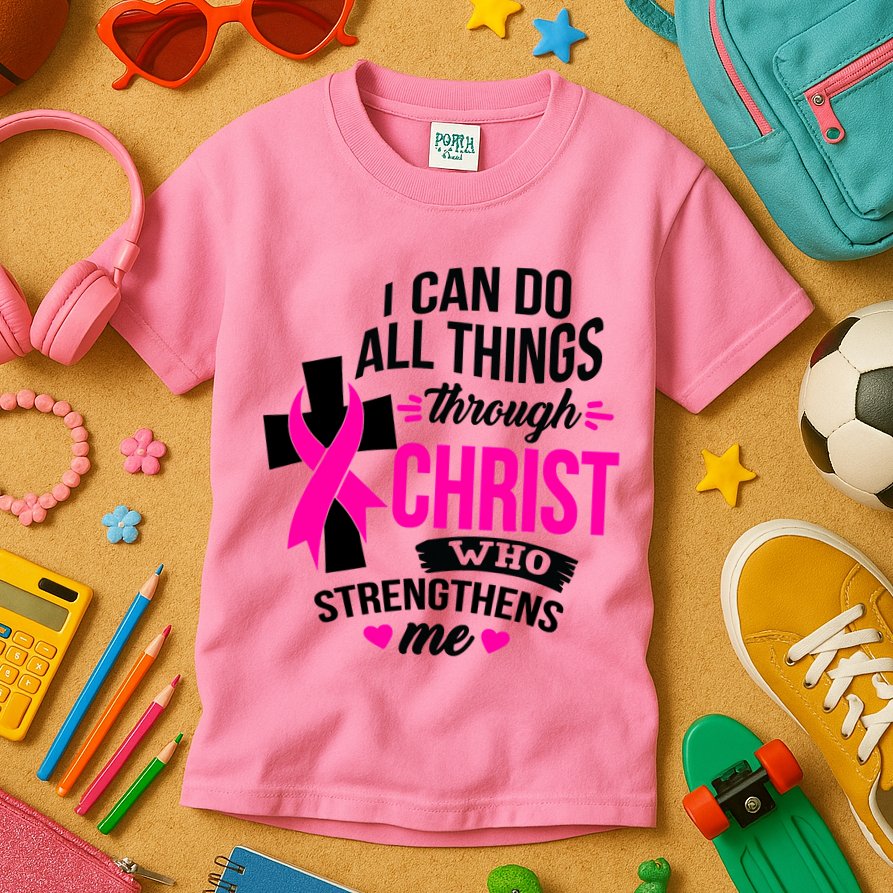 Breast Cancer I Can Do All Things Through Christ Awareness Kids T-Shirt