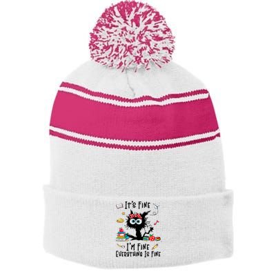 Black Cat It's Fine I'm Fine Everything Is Fine Teacher Life Gift Stripe Pom Pom Beanie