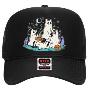 Black Cats In Ghost Costume Cute Halloween High Crown Mesh Back Trucker Hat