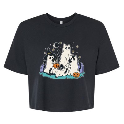 Black Cats In Ghost Costume Cute Halloween Bella+Canvas Jersey Crop Tee