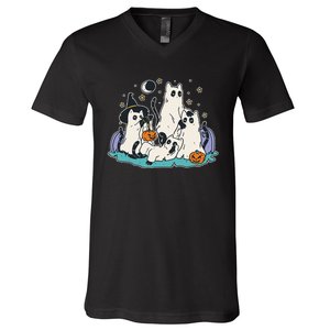 Black Cats In Ghost Costume Cute Halloween V-Neck T-Shirt