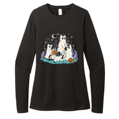 Black Cats In Ghost Costume Cute Halloween Womens CVC Long Sleeve Shirt