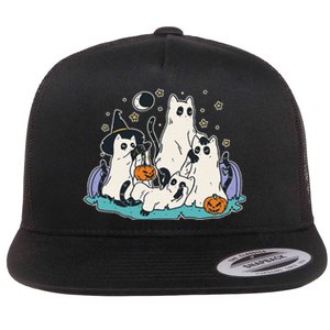 Black Cats In Ghost Costume Cute Halloween Flat Bill Trucker Hat