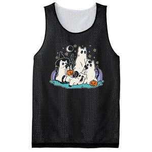 Black Cats In Ghost Costume Cute Halloween Mesh Reversible Basketball Jersey Tank