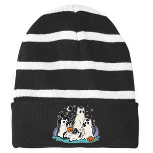 Black Cats In Ghost Costume Cute Halloween Striped Beanie with Solid Band