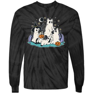 Black Cats In Ghost Costume Cute Halloween Tie-Dye Long Sleeve Shirt