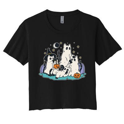 Black Cats In Ghost Costume Cute Halloween Women's Crop Top Tee