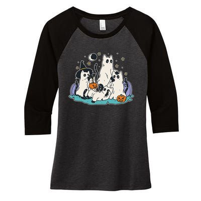 Black Cats In Ghost Costume Cute Halloween Women's Tri-Blend 3/4-Sleeve Raglan Shirt