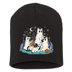 Black Cats In Ghost Costume Cute Halloween Short Acrylic Beanie