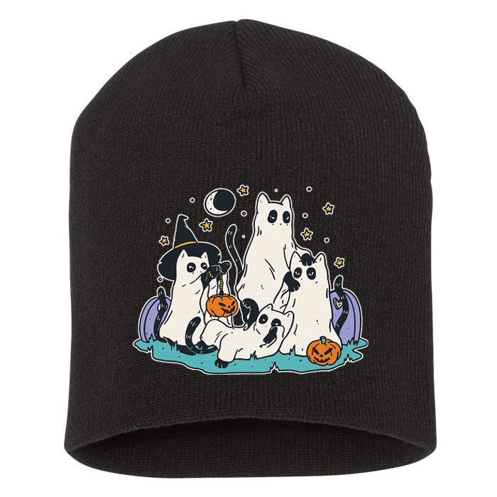 Black Cats In Ghost Costume Cute Halloween Short Acrylic Beanie