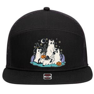 Black Cats In Ghost Costume Cute Women And Men Halloween 7 Panel Mesh Trucker Snapback Hat