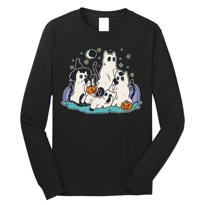 Black Cats In Ghost Costume Cute Women And Men Halloween Long Sleeve Shirt