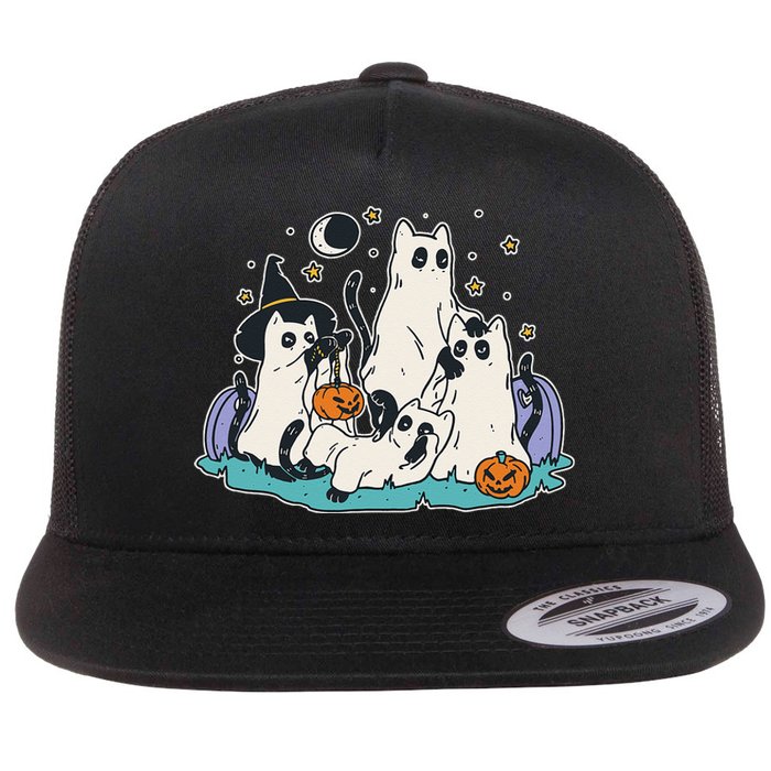 Black Cats In Ghost Costume Cute Women And Men Halloween Flat Bill Trucker Hat