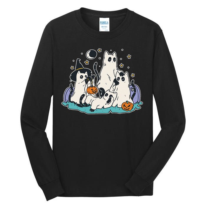 Black Cats In Ghost Costume Cute Women And Men Halloween Tall Long Sleeve T-Shirt