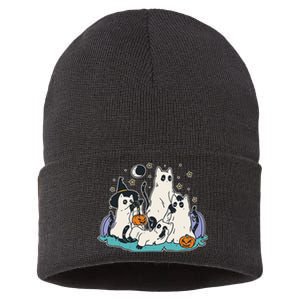 Black Cats In Ghost Costume Cute Women And Men Halloween Sustainable Knit Beanie