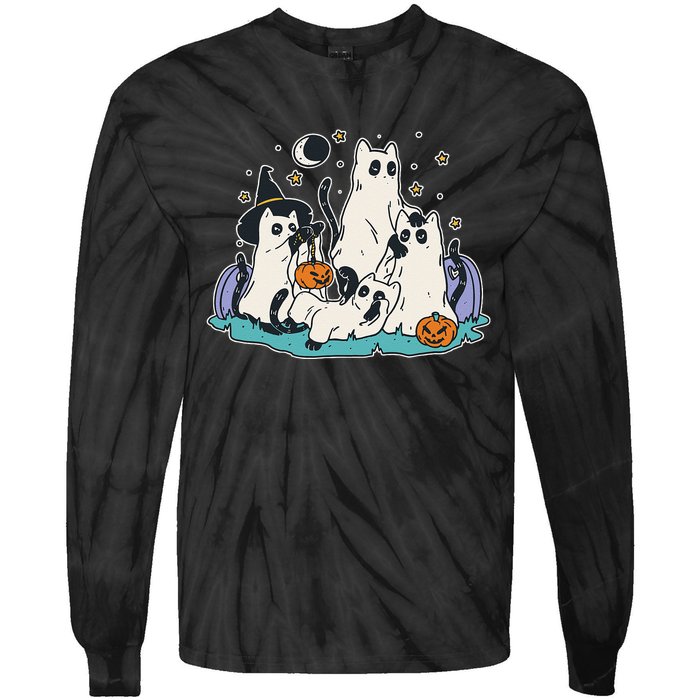 Black Cats In Ghost Costume Cute Women And Men Halloween Tie-Dye Long Sleeve Shirt