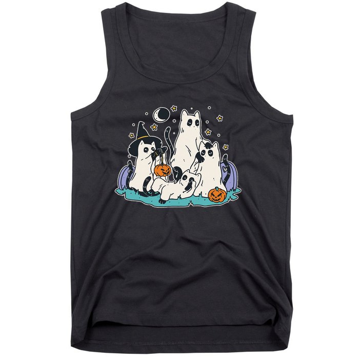 Black Cats In Ghost Costume Cute Women And Men Halloween Tank Top