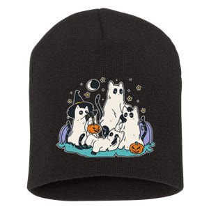 Black Cats In Ghost Costume Cute Women And Men Halloween Short Acrylic Beanie