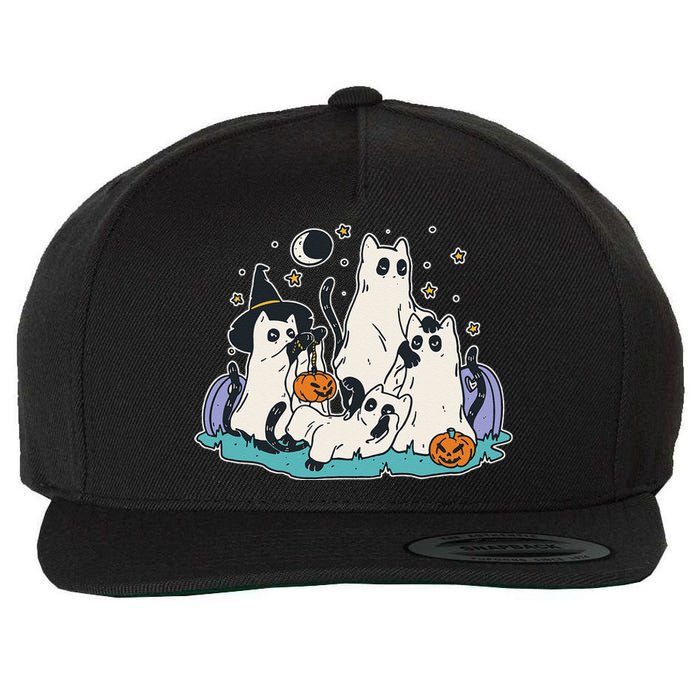 Black Cats In Ghost Costume Cute Women And Men Halloween Wool Snapback Cap