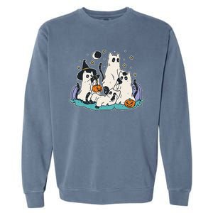 Black Cats In Ghost Costume Cute Women And Men Halloween Garment-Dyed Sweatshirt