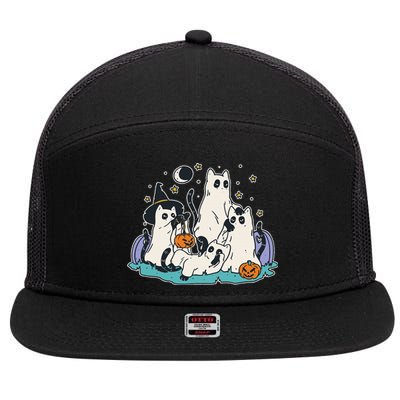 Black Cats In Ghost Costume Cute Halloween 7 Panel Mesh Trucker Snapback Hat