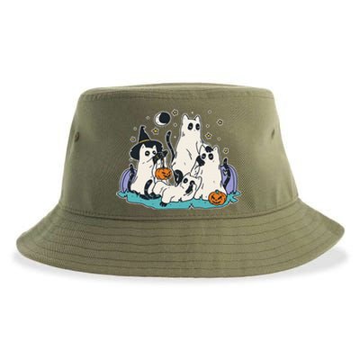 Black Cats In Ghost Costume Cute Halloween Sustainable Bucket Hat