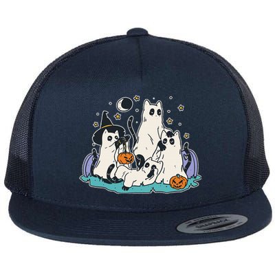 Black Cats In Ghost Costume Cute Halloween Flat Bill Trucker Hat