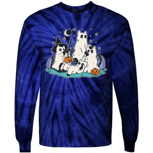 Black Cats In Ghost Costume Cute Halloween Tie-Dye Long Sleeve Shirt