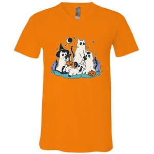 Black Cats In Ghost Costume Cute Halloween V-Neck T-Shirt