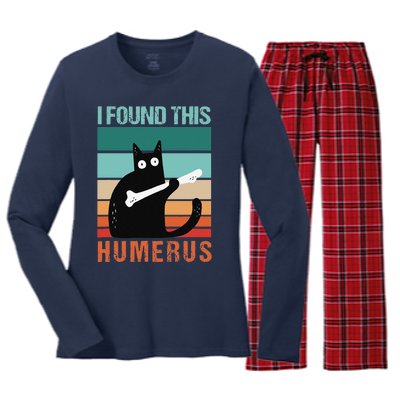 Black Cat I Found This Humerus Cat Joke Women's Long Sleeve Flannel Pajama Set 