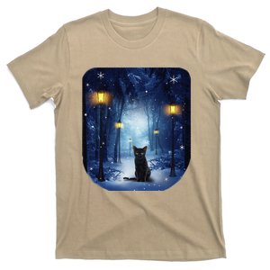 Black Cat In Snowy Forest Cats Gifts T-Shirt