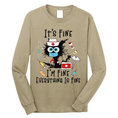 Black Cat Its Fine Im Fine Everything Is Fine Nurse Life Long Sleeve Shirt