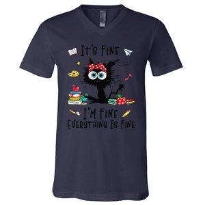 Black Cat Its Fine Im Fine Everything Is Fine Teacher Xmas V-Neck T-Shirt