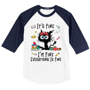 Black Cat Its Fine Im Fine Everything Is Fine Teacher Xmas Baseball Sleeve Shirt