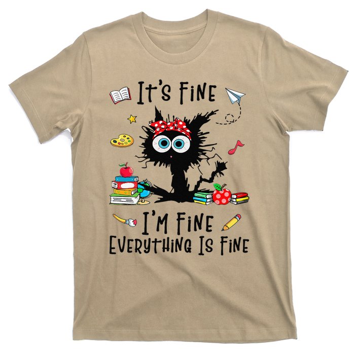 Black Cat Its Fine Im Fine Everything Is Fine Teacher Xmas T-Shirt