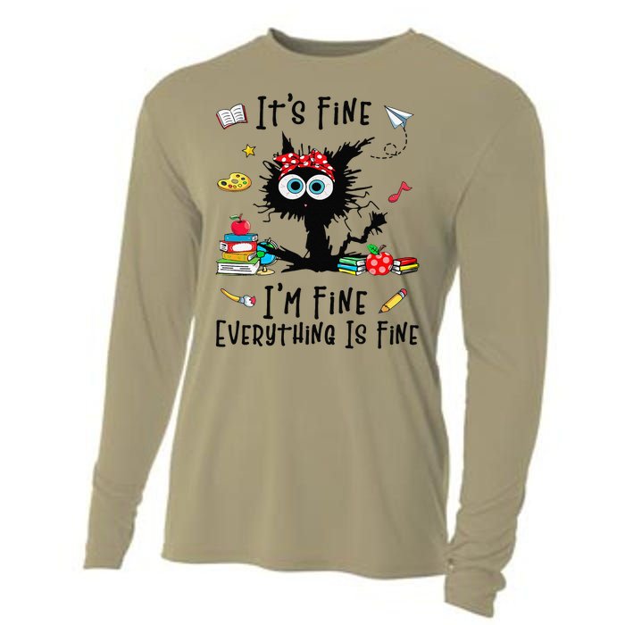 Black Cat Its Fine Im Fine Everything Is Fine Teacher Xmas Cooling Performance Long Sleeve Crew