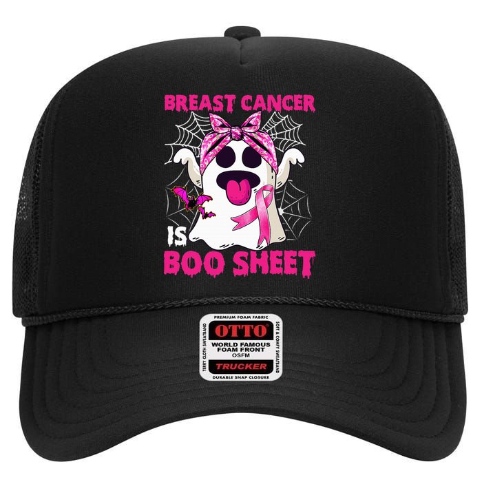 Breast Cancer Is Boo Sheet Halloween Funny Ghost Pink Ribbon High Crown Mesh Back Trucker Hat