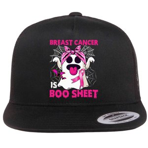 Breast Cancer Is Boo Sheet Halloween Funny Ghost Pink Ribbon Flat Bill Trucker Hat