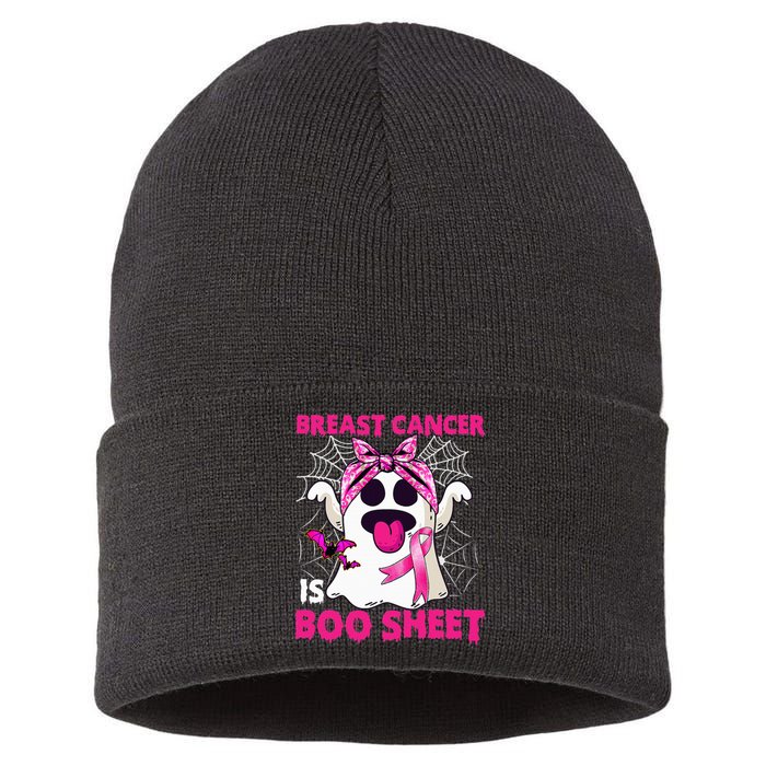 Breast Cancer Is Boo Sheet Halloween Funny Ghost Pink Ribbon Sustainable Knit Beanie