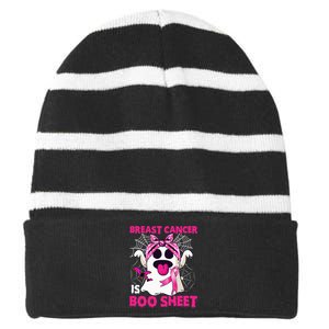 Breast Cancer Is Boo Sheet Halloween Funny Ghost Pink Ribbon Striped Beanie with Solid Band