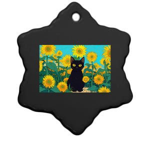 Black Cat In Field Of Sunflowers Ceramic Star Ornament