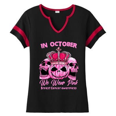 Breast Cancer In October We Wear Pink Pumpkin Skull Ladies Halftime Notch Neck Tee