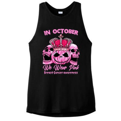 Breast Cancer In October We Wear Pink Pumpkin Skull Ladies PosiCharge Tri-Blend Wicking Tank